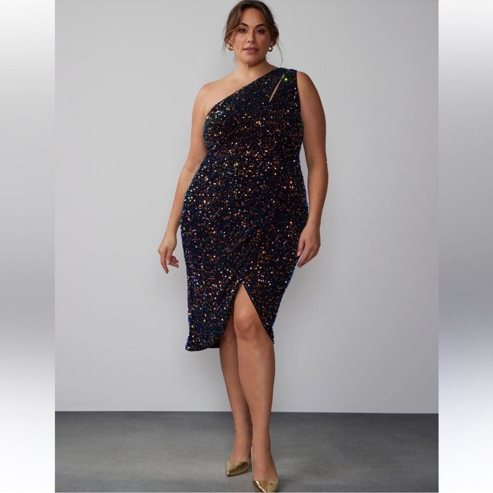New NY&C Lena one shoulder velvet Sequined Dress sz medium